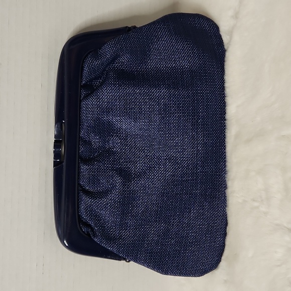 Vintage Italian blue Raffia woven clutch Kiss Clasp Classic Event Clutch - Picture 1 of 8